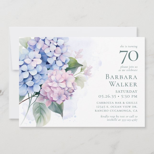 Invitación Pink Blue Hydrangeas 70th Birthday Card Request (Anverso)