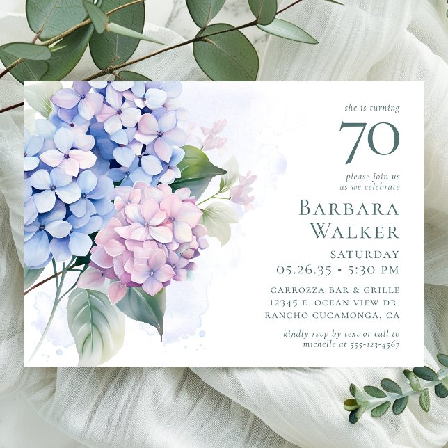 Invitación Pink Blue Hydrangeas 70th Birthday Party (Subido por el creador)