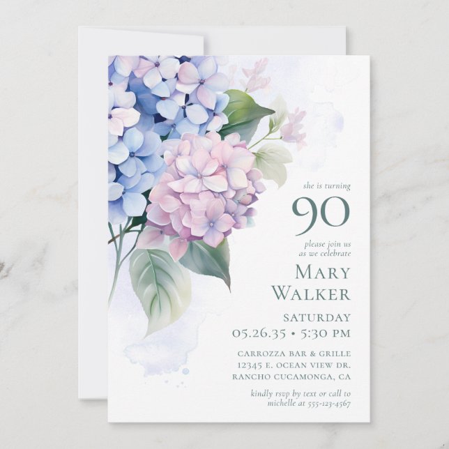Invitación  Pink Blue Hydrangeas 90th Birthday Card Request  (Anverso)