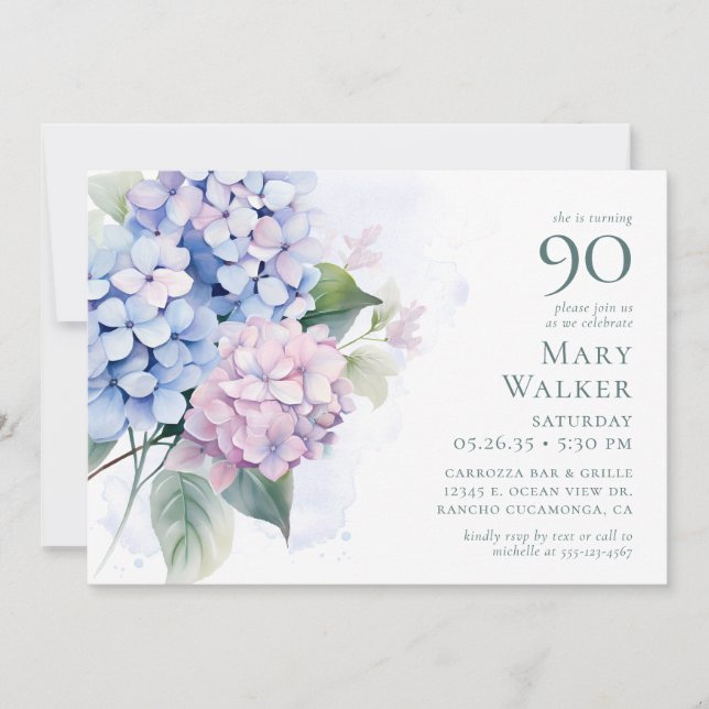 Invitación Pink Blue Hydrangeas 90th Birthday Card Request (Anverso)