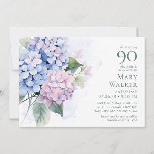 Invitación Pink Blue Hydrangeas 90th Birthday Card Request