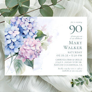 Invitación Pink Blue Hydrangeas 90th Birthday Party