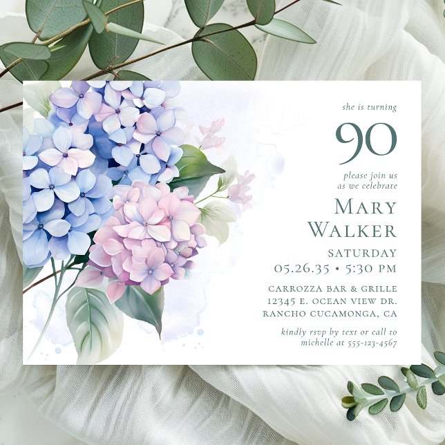 Invitación Pink Blue Hydrangeas 90th Birthday Party (Subido por el creador)