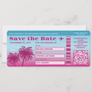 Invitación Pink Blue Palms Faux Boarding Pass Guardar La Fech