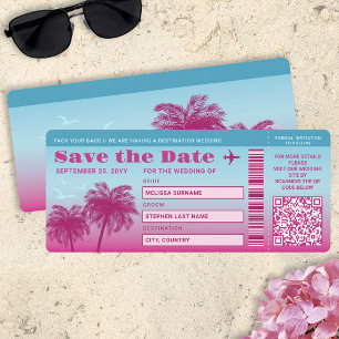 Invitación Pink Blue Palms Faux Boarding Pass Guardar La Fech