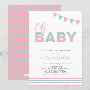 Invitación Pink & Blue   Tipografía Moderna Chica Baby Shower