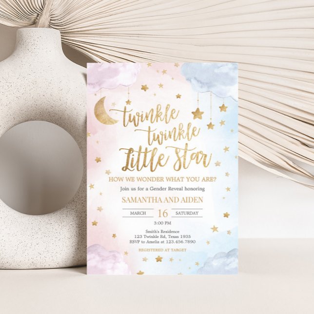 Invitación Pink Blue Twinkle Little Star Gender Reveal (Twinkle Little Star Gender Reveal Invitation)