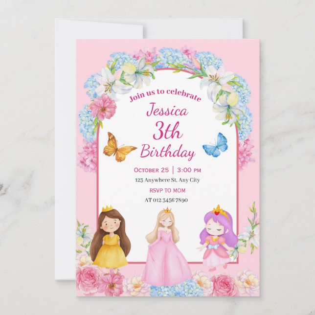 Invitación Pink Blue Watercolor Princess Girl Illustrated (Anverso)