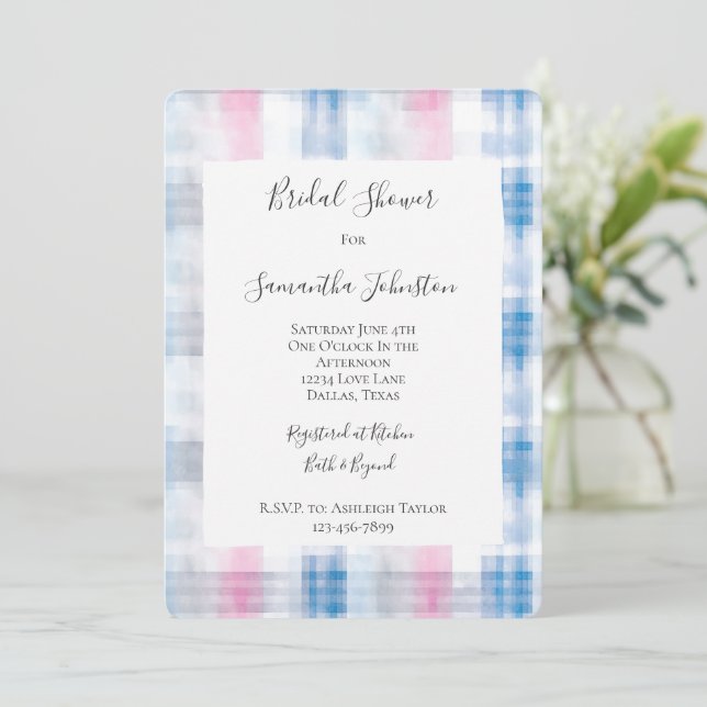 Invitación Pink Blue White Plaid Stripes Bridal Shower (Anverso de pie)