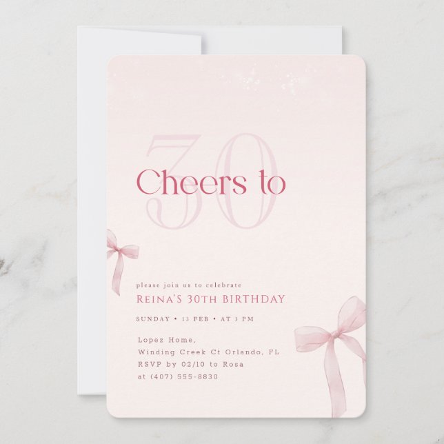 Invitación Pink Blush Bow Cheers to Thirty Birthday (Anverso)