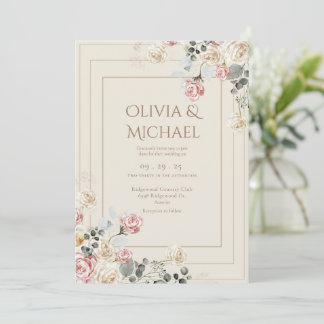 Invitación Pink Blush Cream Roses Floral Elegant Wedding