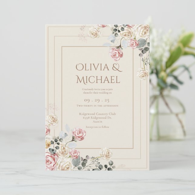 Invitación Pink Blush Cream Roses Floral Elegant Wedding (Anverso de pie)
