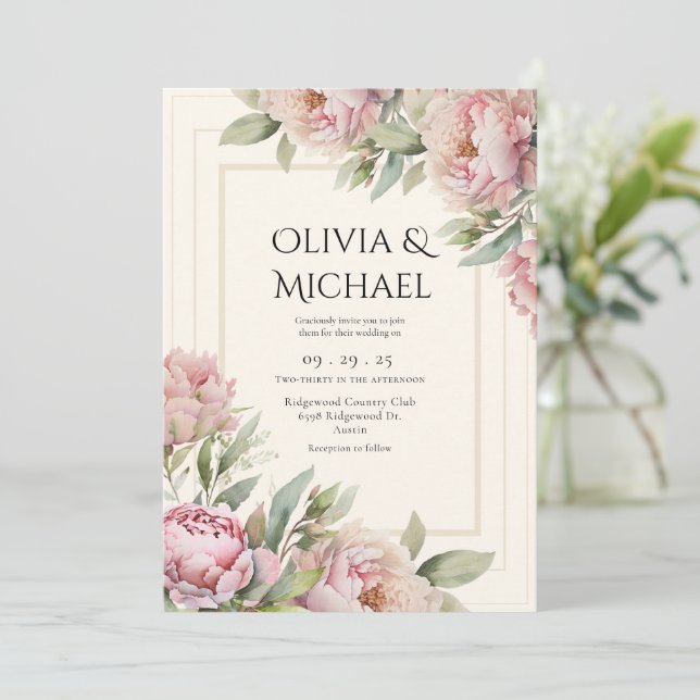 Invitación Pink Blush Peonies Floral Elegant Wedding (Anverso de pie)