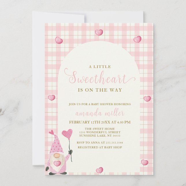 Invitación Pink Boho Arch Gingham Heart Gnome Baby Shower (Anverso)