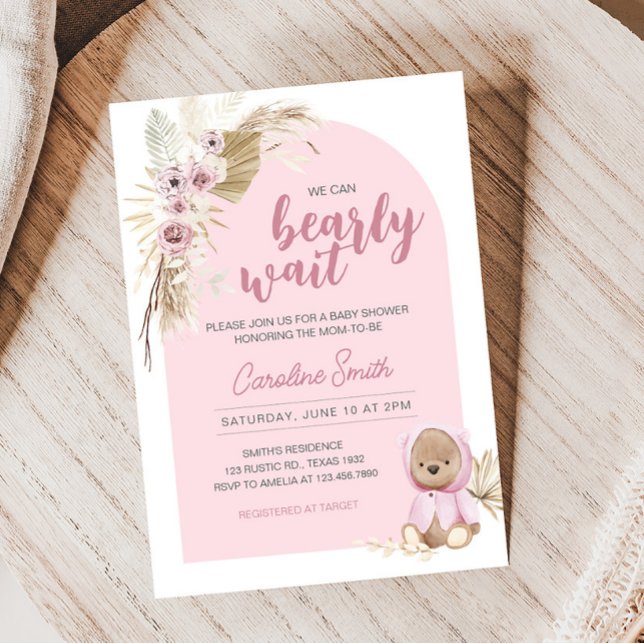 Invitación Pink Boho Bearly Wait Baby Shower (Pink Rustic Teddy Bear Baby Shower Invitation)