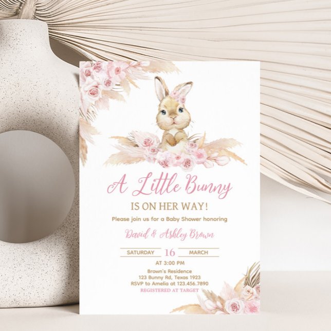 Invitación Pink Boho Bunny Baby Shower (Pampas Grass Girl Bunny Baby Shower Invitation)