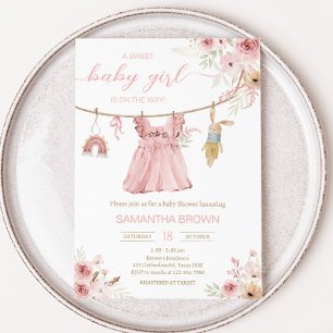 Invitación Pink Boho Clothesline Baby Shower