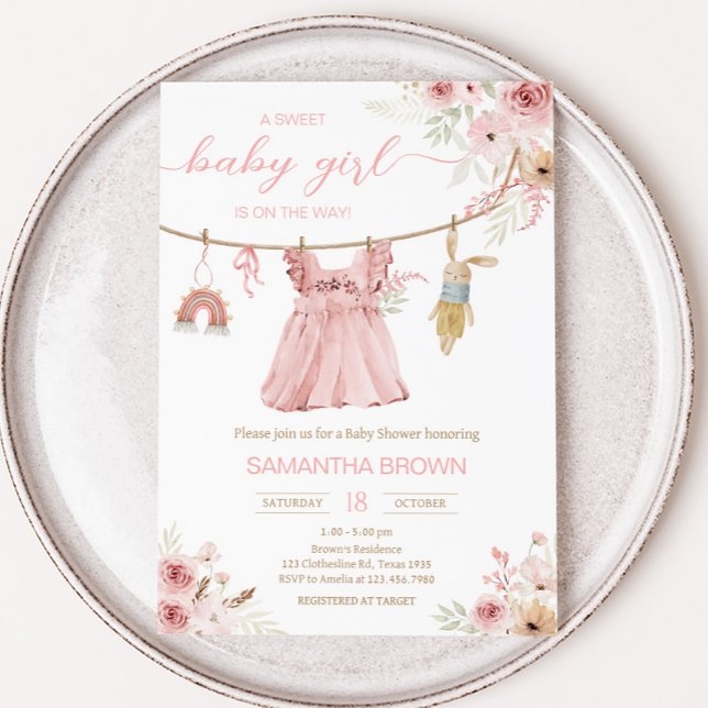 Invitación Pink Boho Clothesline Baby Shower (Sweet Baby Girl Boho Clothes Baby Shower Invitation)