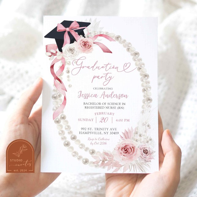 Invitación Pink Boho Coquette Bow Pearl Graduation Party (Subido por el creador)