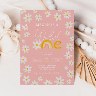 Invitación Pink boho daisy rainbow salvaje un primer cumpleañ