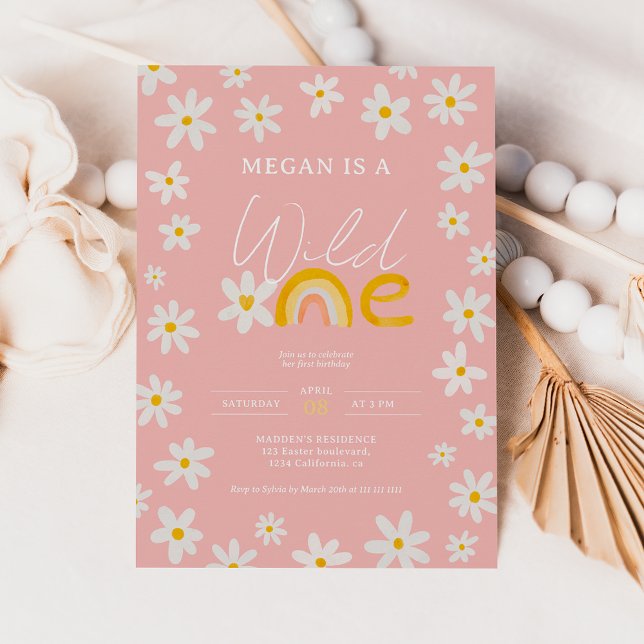 Invitación Pink boho daisy rainbow salvaje un primer cumpleañ (Subido por el creador)