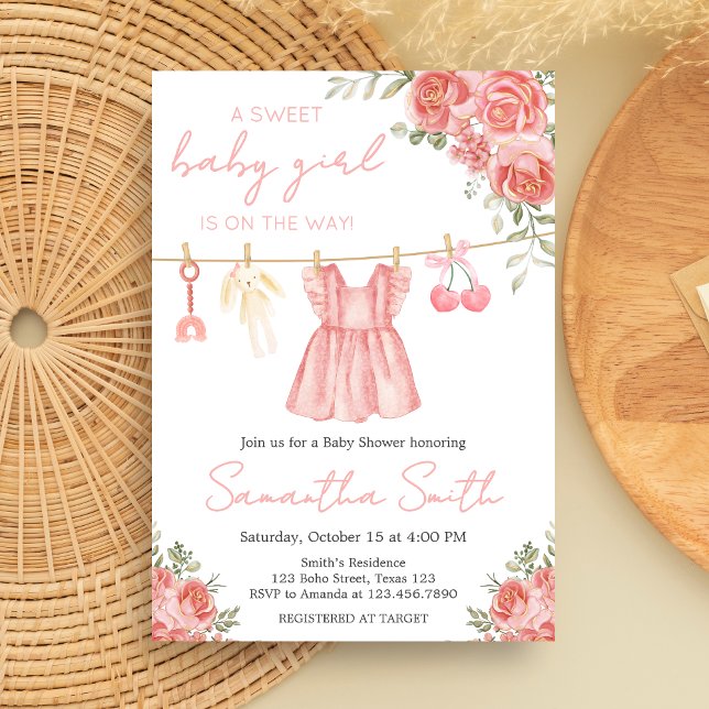 Invitación Pink Boho Floral Baby Shower (Sweet Little Girl Boho Floral Clothesline Baby Shower Invitation )