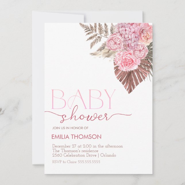 Invitación Pink Boho Floral Baby Shower (Anverso)