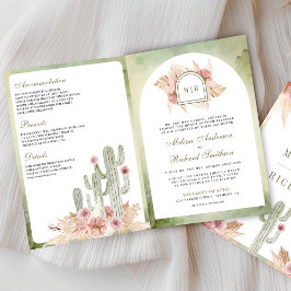 Invitación Pink Boho Floral Pampas Cactus QR Code Wedding