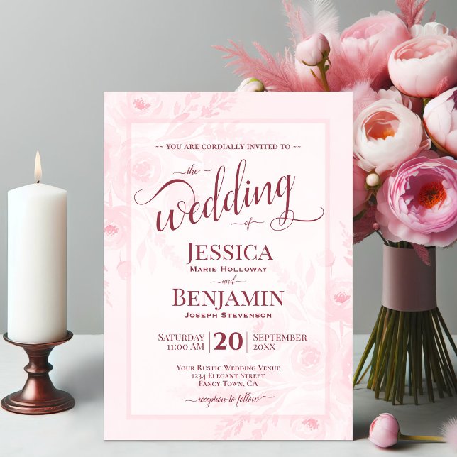 Invitación Pink Boho Floral Watercolor Stylish Script Wedding (Subido por el creador)