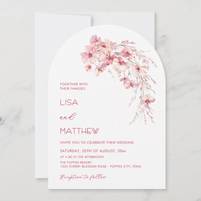 Invitación Pink Boho Flowers White Casual Wedding (Anverso)