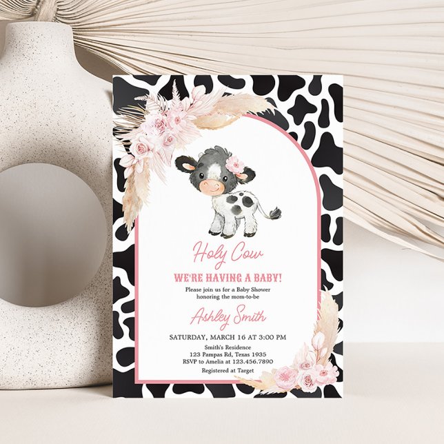 Invitación Pink Boho Highland Cow Baby Shower (Girl Floral Highland Cow Baby Shower Invitation)