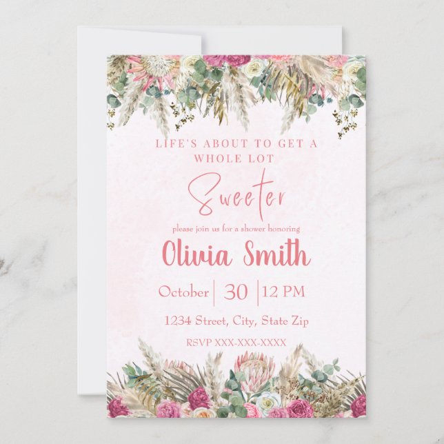 Invitación Pink Boho Pampas Grass Floral Bridal Shower (Anverso)