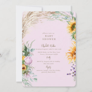 Invitación Pink Boho Pampas Sunflower Peony Baby Shower