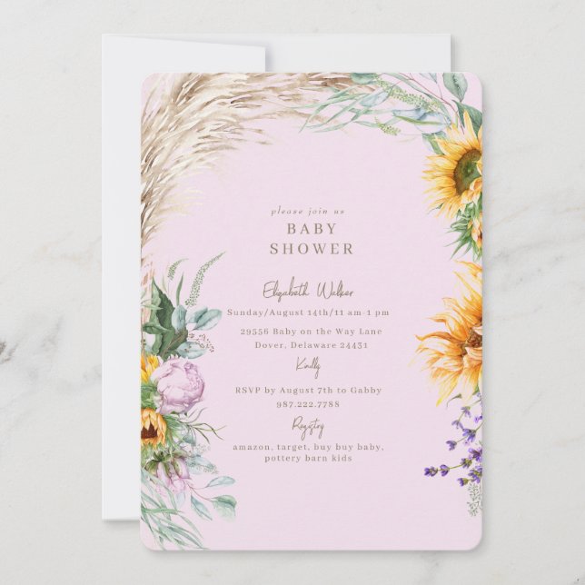 Invitación Pink Boho Pampas Sunflower Peony Baby Shower (Anverso)