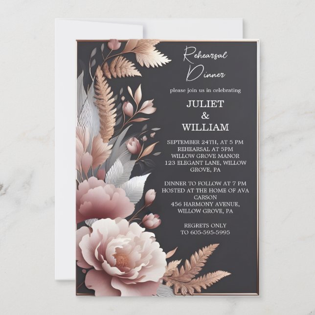 Invitación Pink Boho Peony Garden Ensayo de Rosa Polvoriento (Anverso)