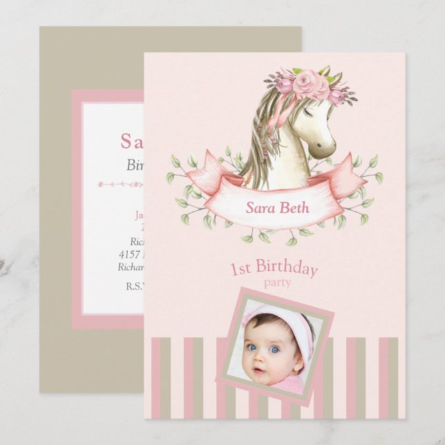 Invitación Pink Boho Pony Photo Baby Girl Primer cumpleaños (Anverso / Reverso)