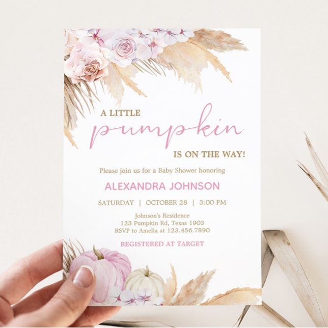 Invitación Pink Boho Pumpkin Baby Shower (Boho Pumpkin Baby Shower Invitation)