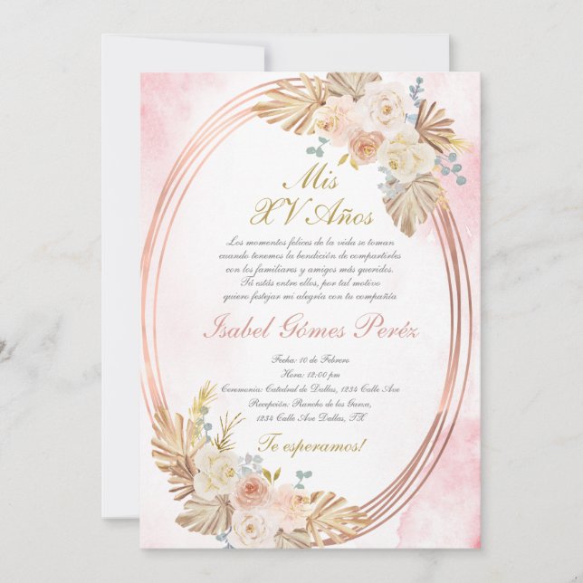 Invitación Pink boho Quinceanera invitation in Spanish (Anverso)