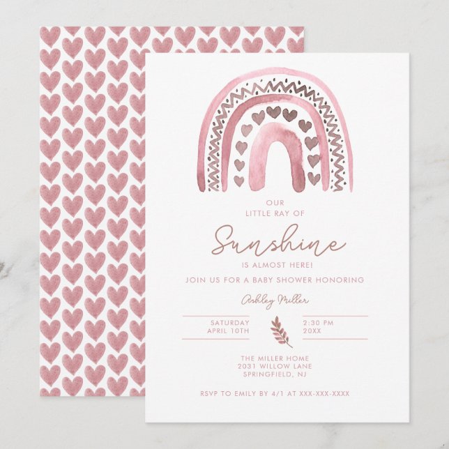 Invitación Pink Boho Rainbow Baby Shower (Anverso / Reverso)
