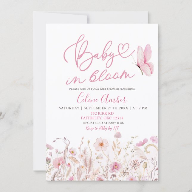 Invitación Pink Boho Wildflower Baby in Bloom Baby Shower (Anverso)