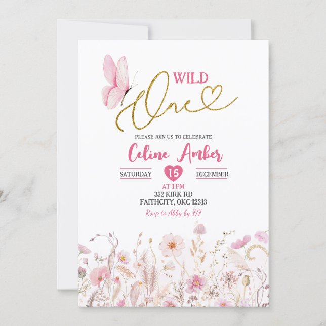 Invitación Pink Boho Wildflower Butterfly First Birthday (Anverso)