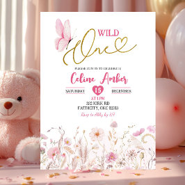 Invitación Pink Boho Wildflower Butterfly First Birthday