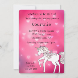 Invitación Pink Bokeh Hearts Unicorn Cumpleaños