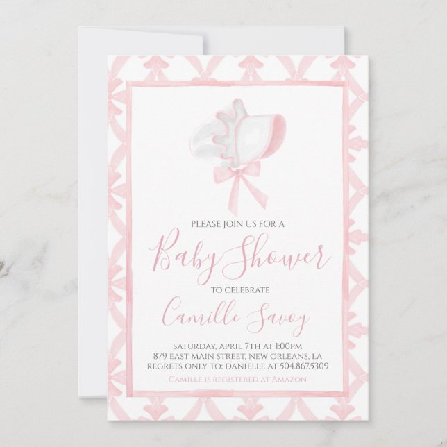 Invitación Pink Bonnet Chica Baby Shower Preppy Southern (Anverso)