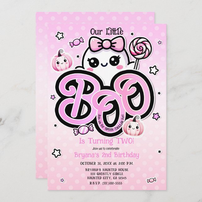 Invitación Pink BOO Little Ghost Halloween Birday Party (Anverso / Reverso)