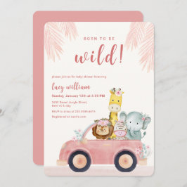 Invitación Pink Born To Be Wild Safari Animals Baby Shower