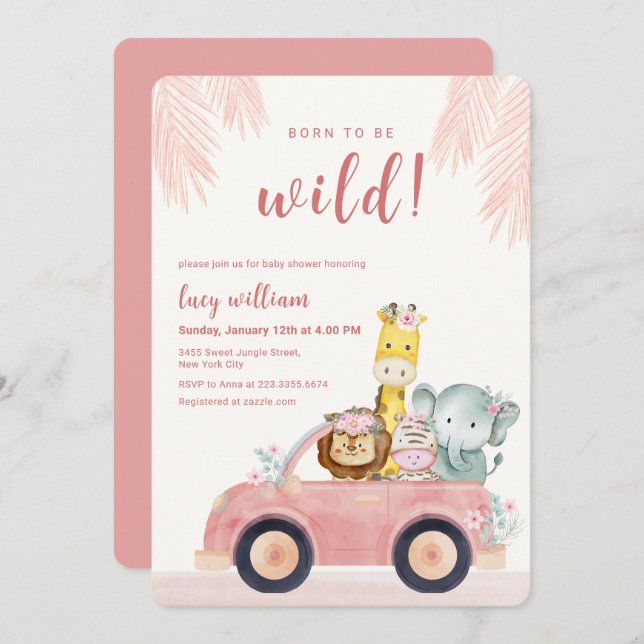 Invitación Pink Born To Be Wild Safari Animals Baby Shower (Anverso / Reverso)
