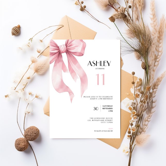 Invitación Pink Bow 11th Birthday Invitation for Girls (Subido por el creador)
