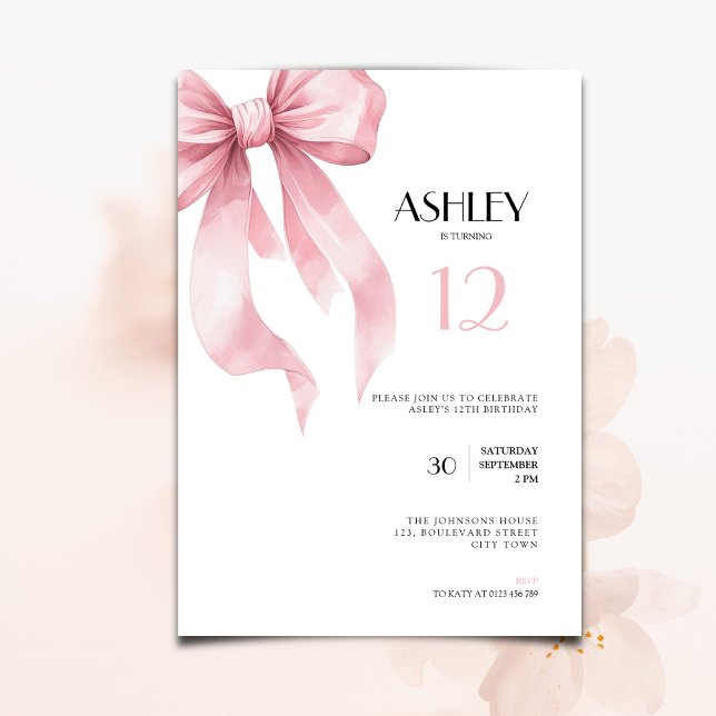 Invitación Pink Bow 12th Birthday Invitation for Girls (Subido por el creador)