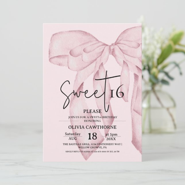 Invitación Pink Bow 16th Birthday ⎮ Elegant Sweet 16 (Anverso de pie)